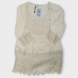 Solitaire By Ravi Khosla Womens M 1/4 Sleeve Cream Crochet Cottagecore Boho NWT